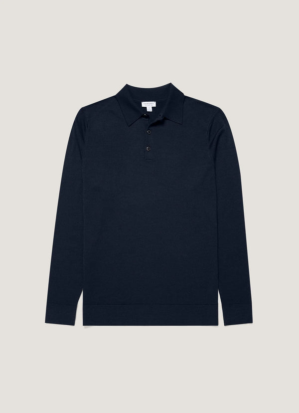 Sunspel Polo Merino LS — Navy / Bakelite