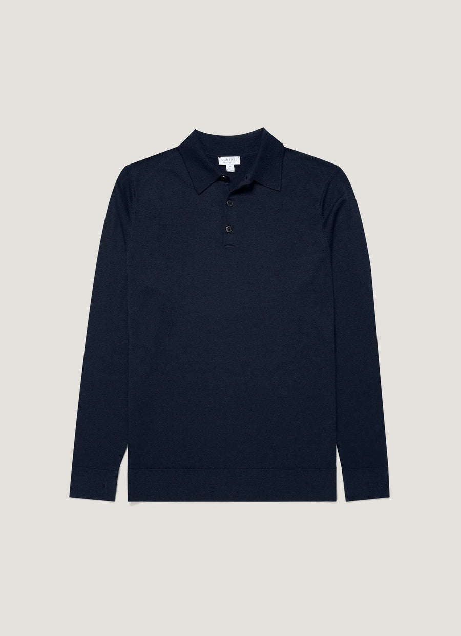 Sunspel Polo Merino LS — Navy / Bakelite