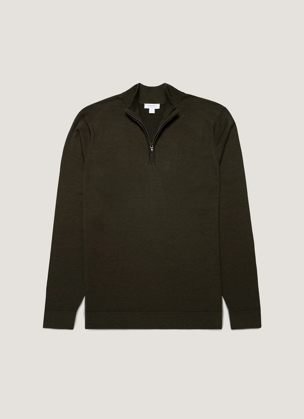 Sunspel Pull Merino Half-Zip — Dark Green
