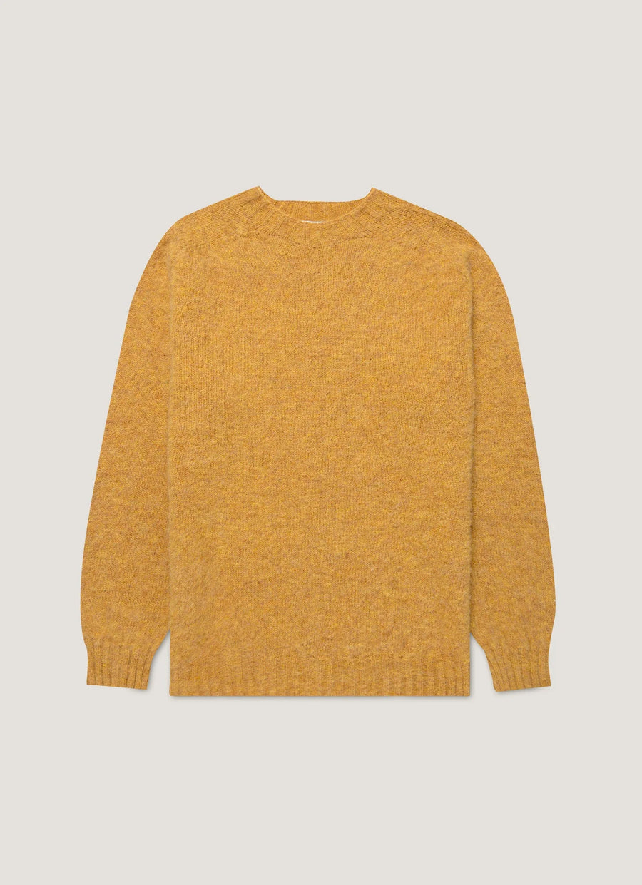 Sunspel Pull Brushed Shetland Crew Neck — Saffron / Navy / Sea Moss