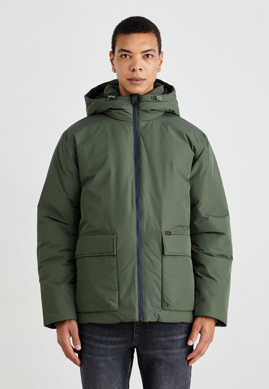 Lee Doudoune Hooded Short Puffer — Olive Gray