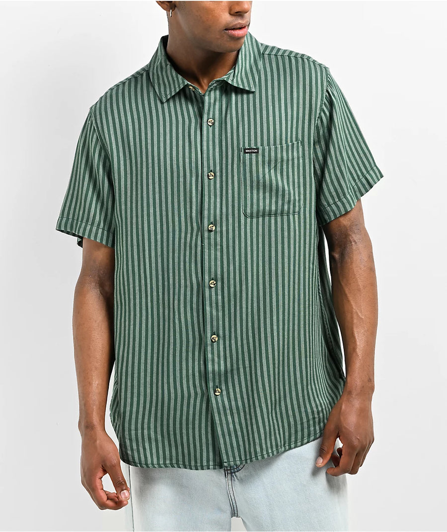 Brixton Charter Herringbone Green Stripe Short Sleeve Button Up Shirt  383109 front US
