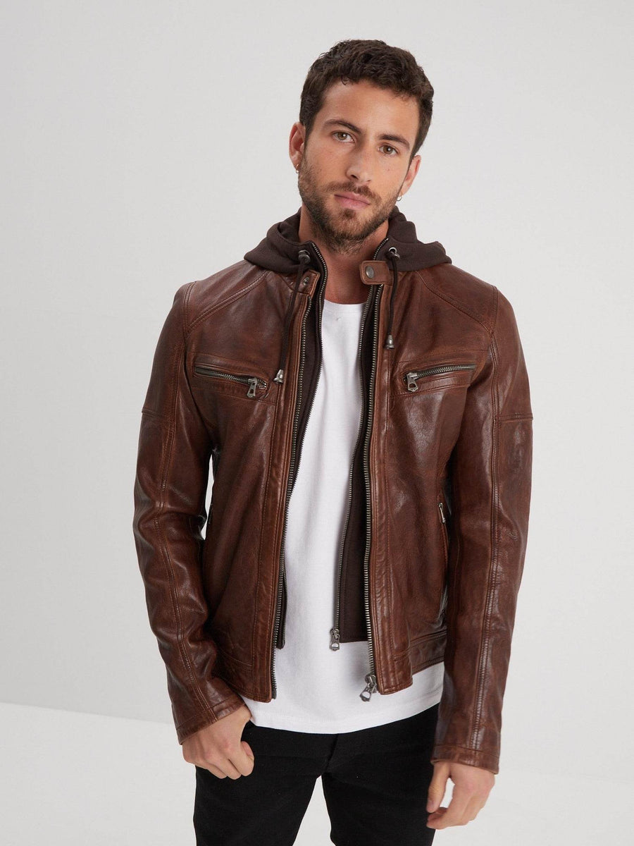 Daytona73 Bishop Hood Lamb Paolo Jacket — Black / Dark Cognac-DAYTONA73-Industrie