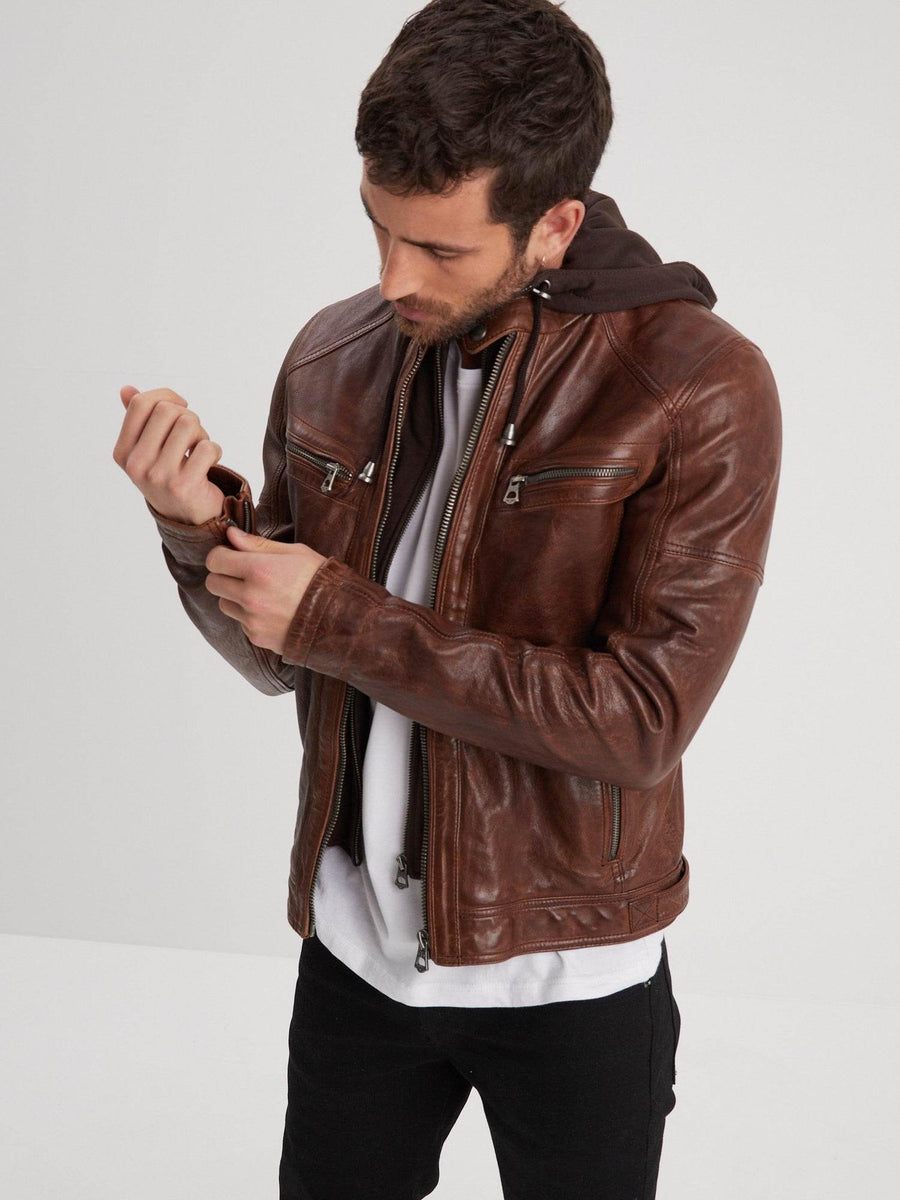 Daytona73 Bishop Hood Lamb Paolo Jacket — Black / Dark Cognac-DAYTONA73-Industrie
